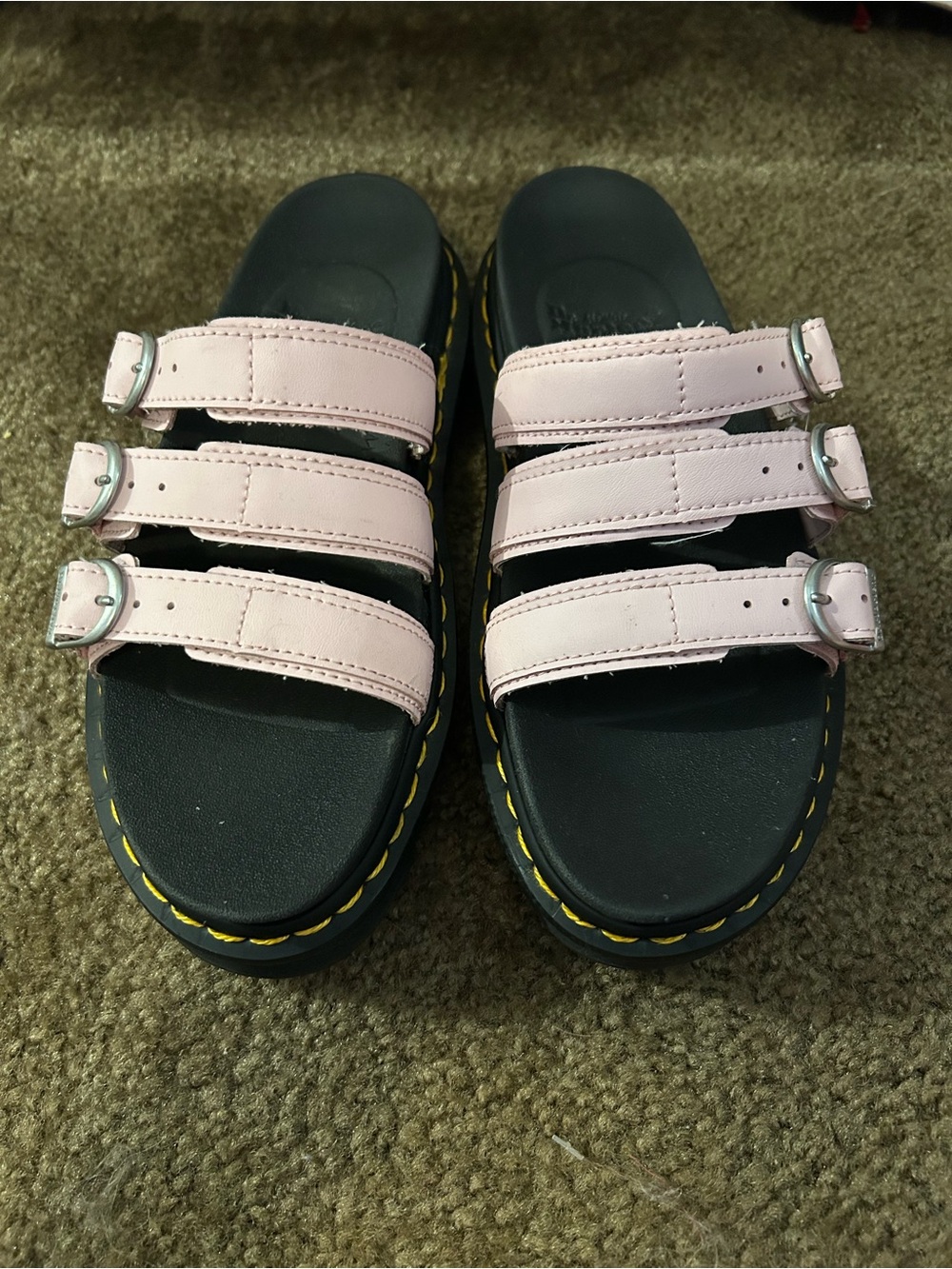 Dr. Martens Pink Triple-Strap Slide Sandals with Yellow Stitching